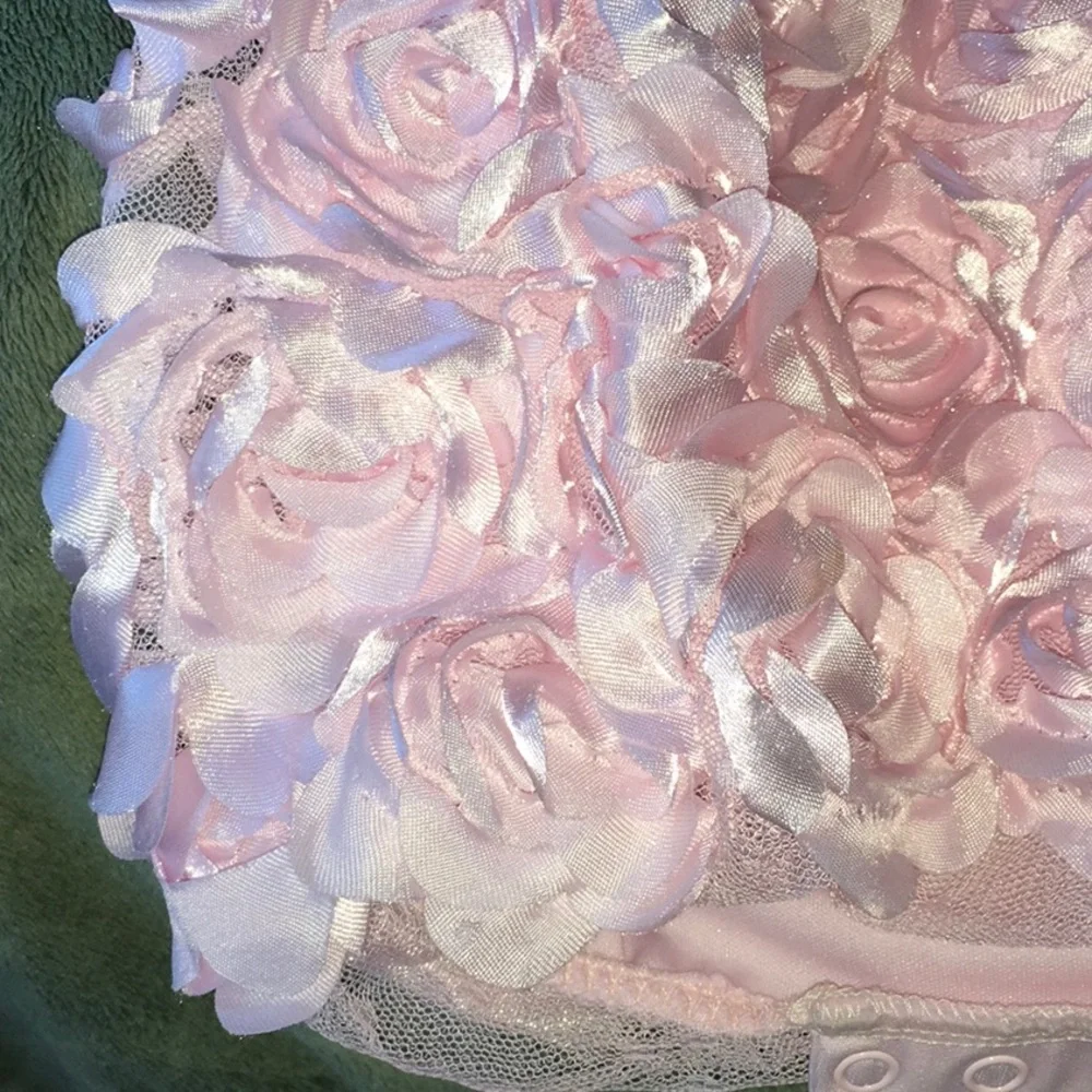 Pink Baby dress, 6-9 Month, rosette petals, Soft,nylon,bottom snaps. washable. - Picture 3 of 11